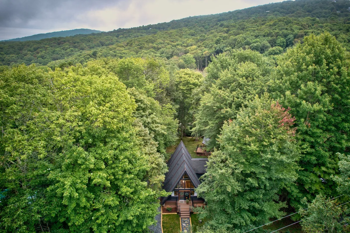 A serene exterior view of the A-frame house set among tall trees with a clear pathway leading to the front. The natural landscape and accessible path evoke the idea of peaceful neighborhood strolls and exploration of nearby trails, which are key elements of this getaway’s appeal for pet owners seeking mountain adventures with their dogs.